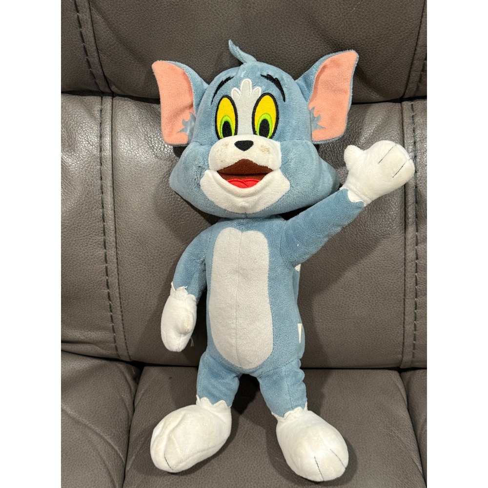 Tom Cat Plush Stuffed Animal Toy Blue White Cartoon Character Waving Arm 14"